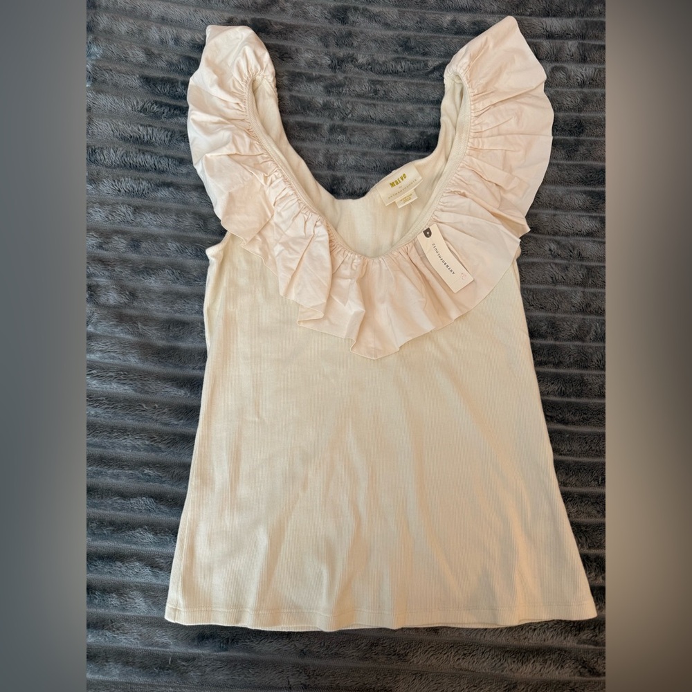 Ribbed Blouse with Flutter Neck Detail